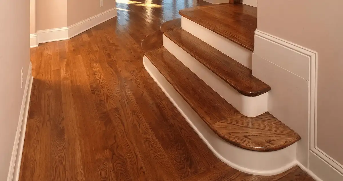 Base floor of a staircase with professionally restored wood flooring in Milwaukee WI