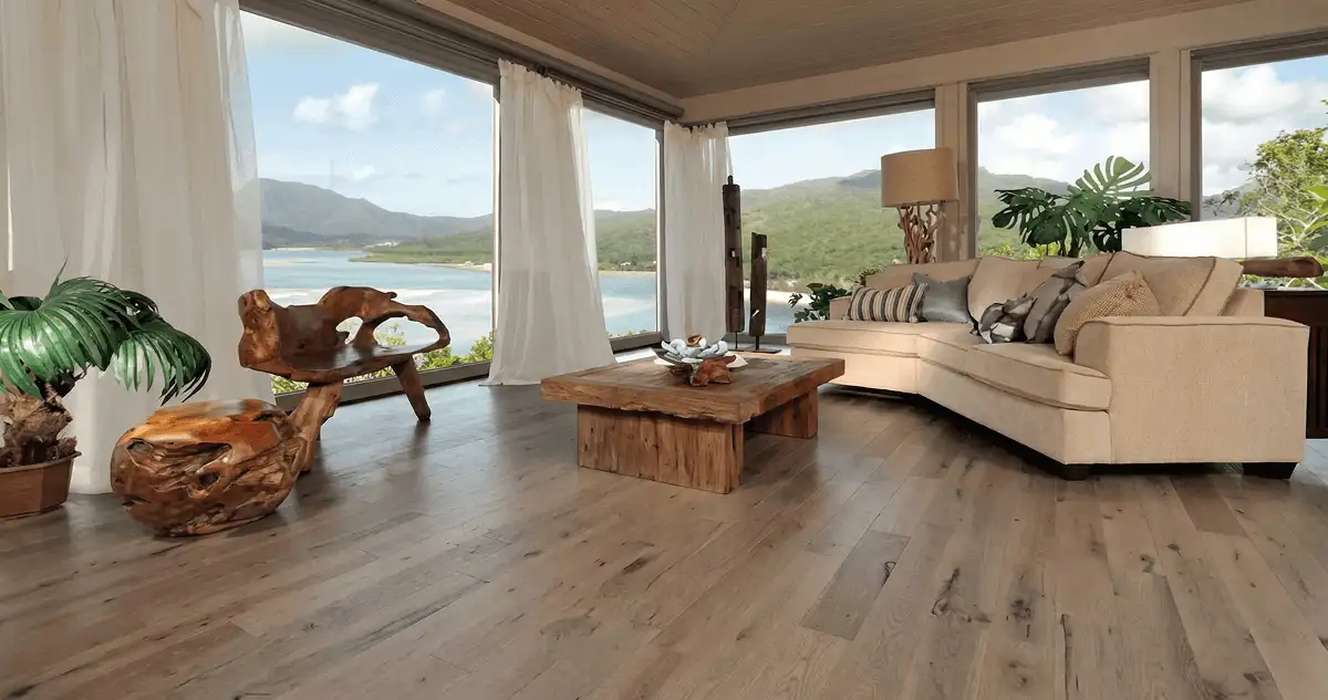 Professionally installed vinyl flooring in a modern living room with large windows in Milwaukee, WI